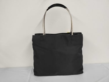 Prada Black Nylon Tote with Stainless Steel Handles