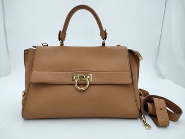 Salvatore Ferragamo Tan Pebbled Leather Gancini 2-Way Handbag with Gold Hardware