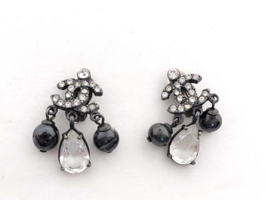 Chanel Black-Tone Cocomark Rhinestone and Crystal Swing Earrings