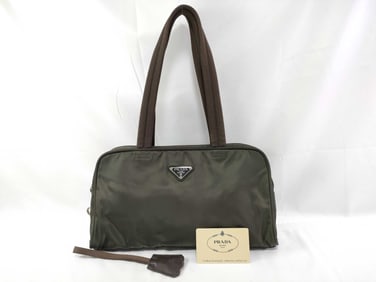 Prada Olive Green Nylon Tote with Logo Plaque and Double Handles