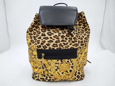 Versace Leopard & Baroque Print Backpack with Black Leather Flap