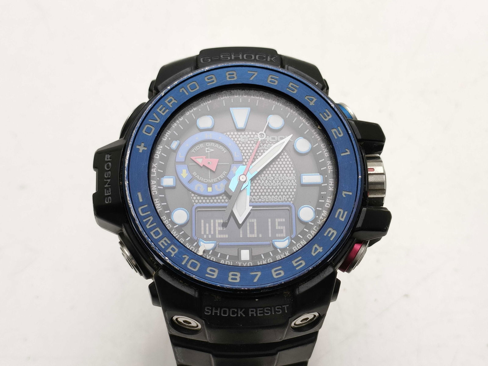 Casio G-Shock GWN-1000B Gulfmaster Black & Blue Men’s Watch: Casio g-shock gwn-1000b men’s watch, authentic. part of the gulfmaster series, designed for maritime use. black resin case with metallic blue rotating bezel labeled “over” and “under&rdquo