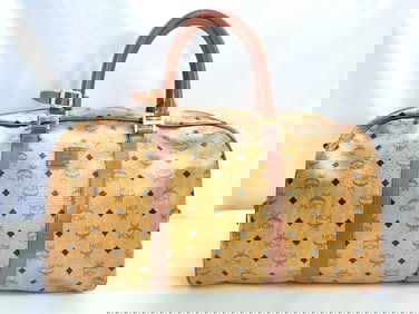 MCM Visetos Leather 2-Way Boston Bag Camel Tan Leather