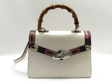 Rare Gucci Ivory Leather Bamboo Handle Bag with Snakeskin Trim and Serpent Clasp
