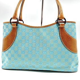 2000s Gucci GG Canvas Crystal Aquamarine Blue & Chestnut Leather Tote Bag