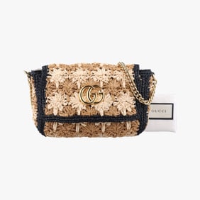 Gucci GG Marmont Beige and Black Straw Shoulder Bag Palm Trees