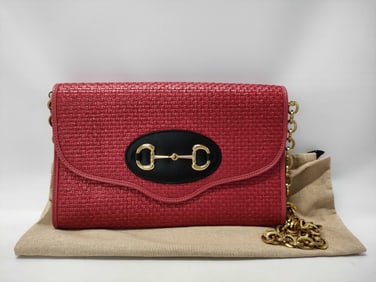 Gucci Horsebit 1955 Red Straw and Leather Chain Shoulder Bag