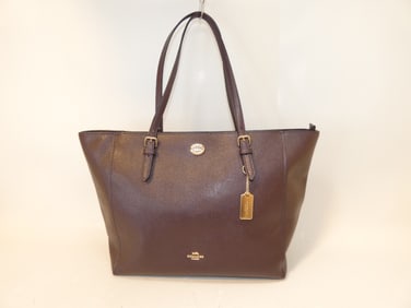 COACH Turnlock Leather Tote Bag Brown