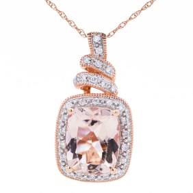 14K RG Morganite & Diamond Pendant Necklace 18"