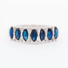 14K WG Marquis Sapphire & Baguette Diamond Ring, size 7