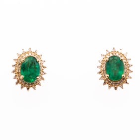 14K YG Emerald & Diamond Halo Earrings