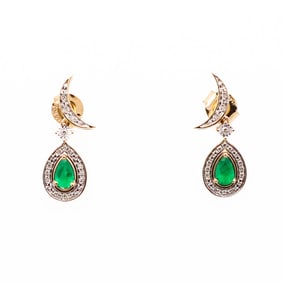 14KYG Diamond Pave Crescent Moon Earrings with Emerald Halo Drops