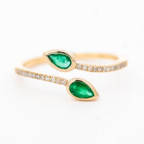 14K YG Emerald & Diamond Bypass Ring, size 7