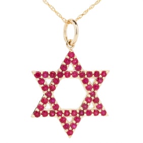 14K YG Ruby Star of David Pendant Necklace 18"