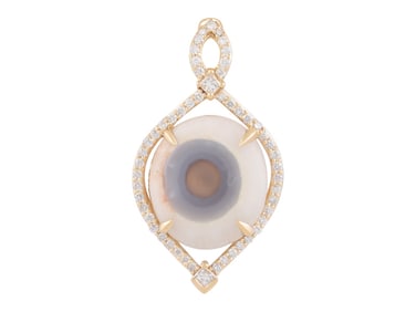 18K YG Eye Agate & White Diamond Pendant Necklace 18"