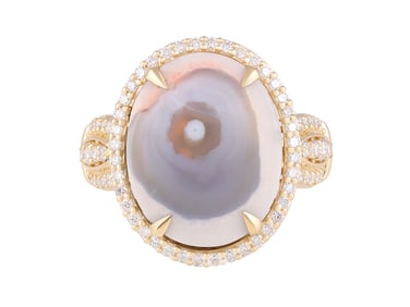 18K YG 7.03ct Eye Agate & .46ctw White Diamond Ring, size 7