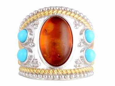 Sterling Amber & Sleeping Beauty Turquoise Ring, size 8