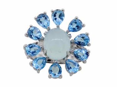 SS Aqua Chalcedony, Swiss Blue Topaz Ring , size 7.5