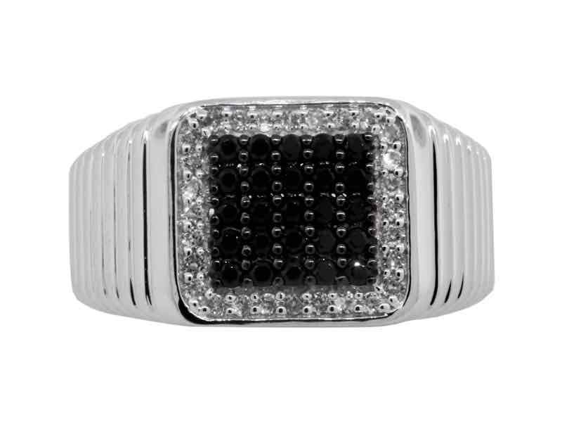 Sterling Black Spinel & White Zircon Ring, size 9.75: Sterling silver men's ring with a pavé-set square of black spinel framed by white zircons. Wide ribbed shoulders and a low-profile, signet-inspired design. size 9.75, 9.8 grams
