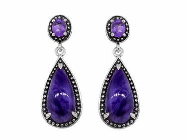 Pair of Sterling Silver Cherolite & Amethyst Earrings 1.25"