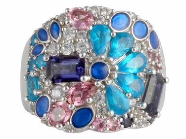 Sterling Silver Iolite, Neon Apatite & Pink Tourmaline Ring, size 7