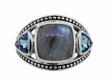 Sterling Silver Labradorite & Swiss Blue Topaz Ring, size 6.75