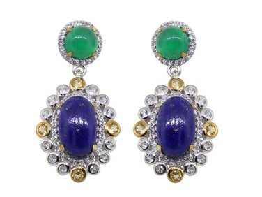 Pair of Sterling Silver Lapis, Green Onyx, Citrine & White Zircon Earrings
