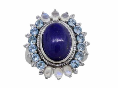 Sterling Lapis, Rainbow Moonstone, Swiss Blue Topaz & White Zircon Ring, size 7.5