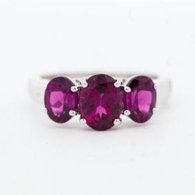 Sterling Silver Oval Cut 3-stone Purple Garnet Ring, size 7.5
