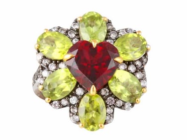 Sterling Red Garnet, Peridot & White Zircon Ring, size 6.5