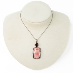 Sterling Rhodocrosite, Red Garnet & White Zircon Pendant 18"