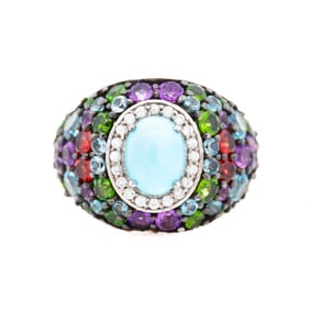 SS Sleeping Beauty Turquoise, Amethyst, Chrome Diopside, Red Garnet, Swiss B.T & White Zircon Ring,