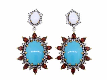 Sterling Sleeping Beauty Turquoise, Pristine, Red Garnet & White Zircon Earrings 1.7"