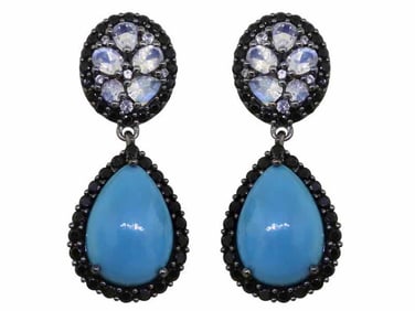 Pair of Sterling Sleeping Beauty Turquoise, Rainbow Moonstone, Black Spinel & White Zircon Earrings