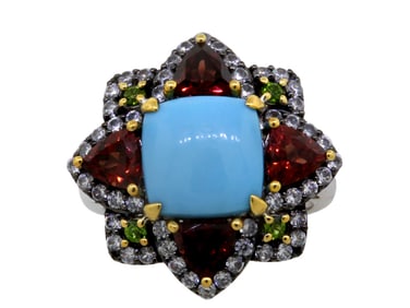 Sterling Silver Sleeping Beauty Turquoise, Red Garnet, Chrome Diopside & White Zircon Ring, size