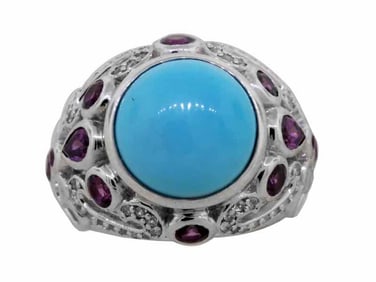 Sterling Sleeping Beauty Turquoise, Rhodolite & White Zircon Ring, size 7