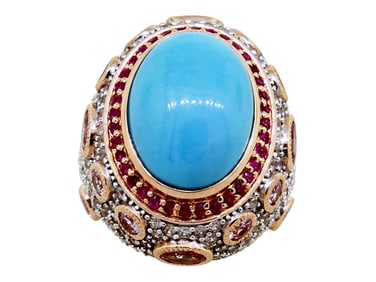 Sterling Silver Sleeping Beauty Turquoise, Rose Spinel, Ruby & White Zircon Ring, size