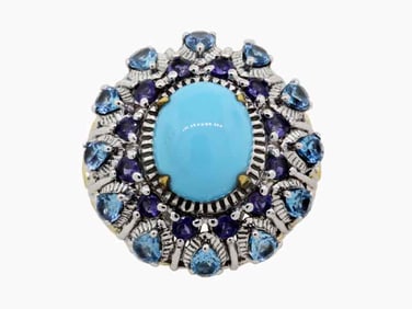 Sterling Silver Sleeping Beauty Turquoise, Swiss Blue Topaz & Iolite Ring size 7.5