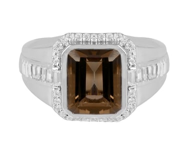 Sterling Silver Smoky Quartz & White Zircon men’s Ring size 11