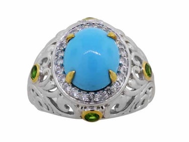Sterling Silver Sonora Turquoise, Chrome Diopside & White Zircon Ring, size 7.25