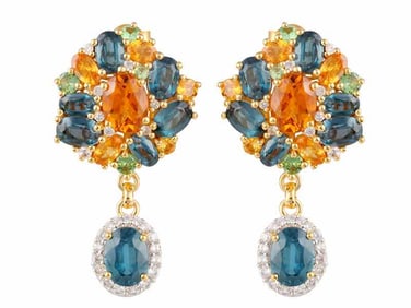 Sterling Silver Teal Kyanite & Multi-Gemstone Cluster Drop Earrings 1.5"