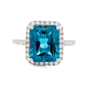 14K White Gold Sky Blue Topaz & White Diamond Ring