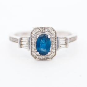 14K WG Art Deco Style Sapphire & Diamond Ring, size 7