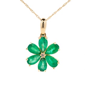 14K YG Emerald & Diamond Pendant, 18"