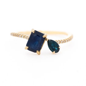 14K YG Sapphire Toi et Moi & Diamond Ring, sizze 7