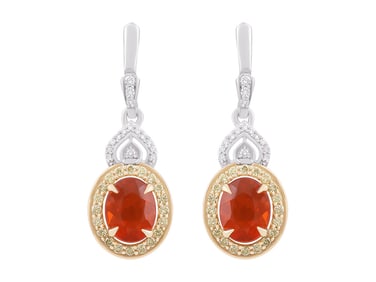 18K WG+YG Fire Opal, Yellow Diamond & White Diamond Earrings