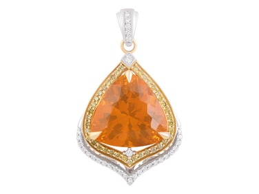 18K WG+YG Fire Opal, Yellow Diamond & White Diamond Pendant