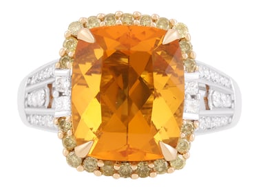 18K WG+YG Fire Opal, Yellow Diamond & White Diamond Ring