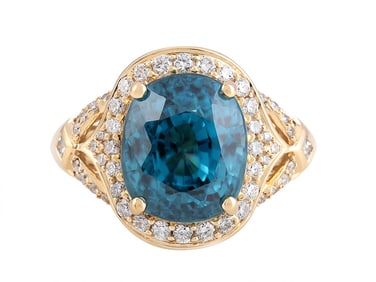 18K YG Blue Zircon & White Diamond Ring