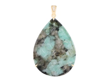 18K YG Emerald Carving & White Diamond Pendant